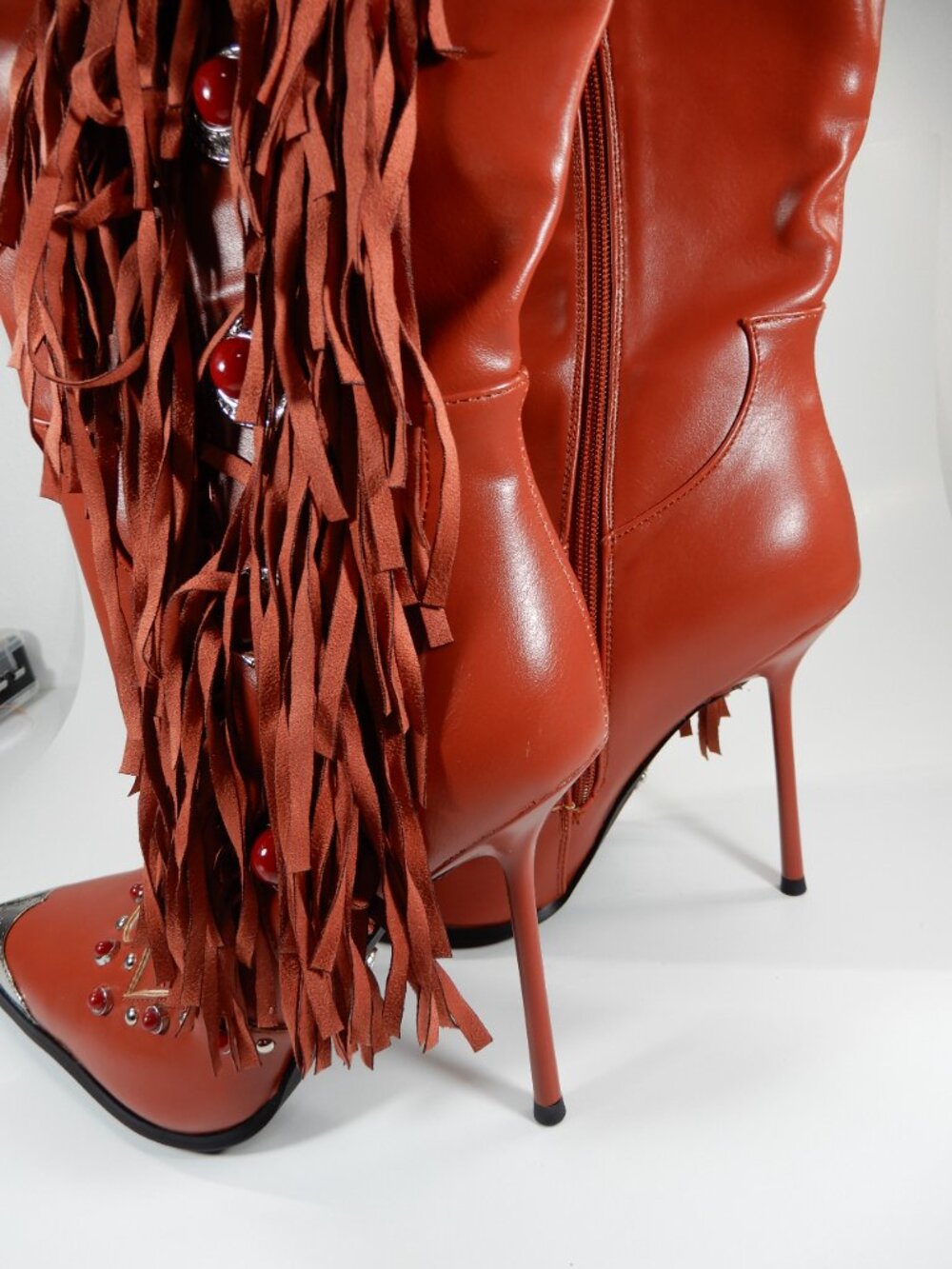 AZALEA WANG Pelagiana Boots Red Fringe Rhinestone Western Stiletto Heels NEW - Picture 8 of 8